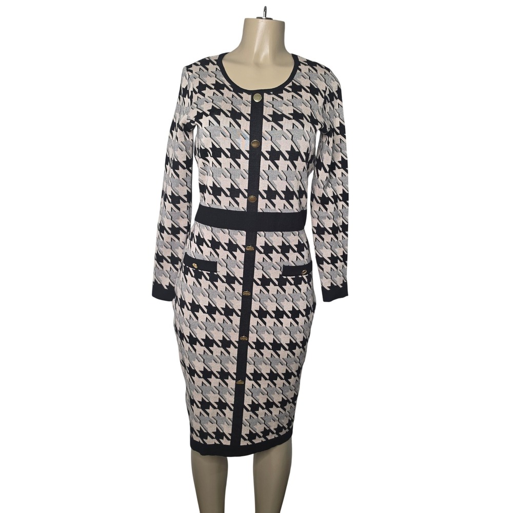 Taylor Sweater Dress Women M Black White Houndstooth Knit Gold Button Front Midi